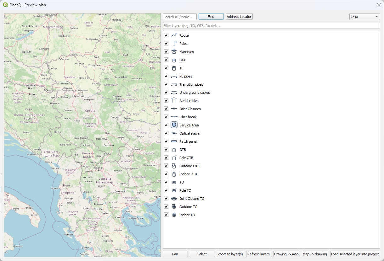 Preview Map. The full FiberQ layer model in one dialog: routes, poles, manholes, ODF, TB, PE pipes, transition pipes, un