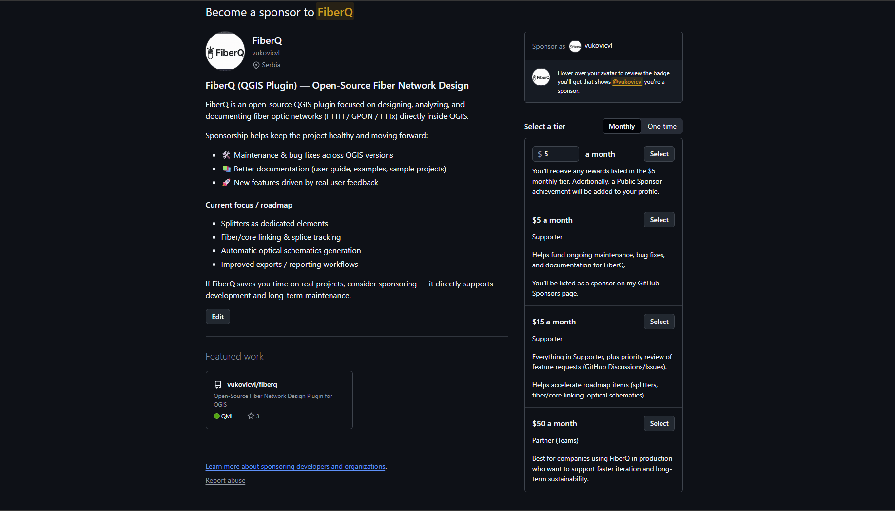 The FiberQ GitHub Sponsors page. Tiers run from $5 a month (Supporter) to $50 a month (Partner), with one-time donations