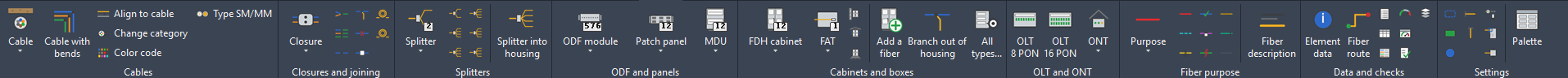 The FiberQ tab on the AutoCAD ribbon: cables, closures and joining, splitters, ODF and panels, cabinets and boxes, OLT a