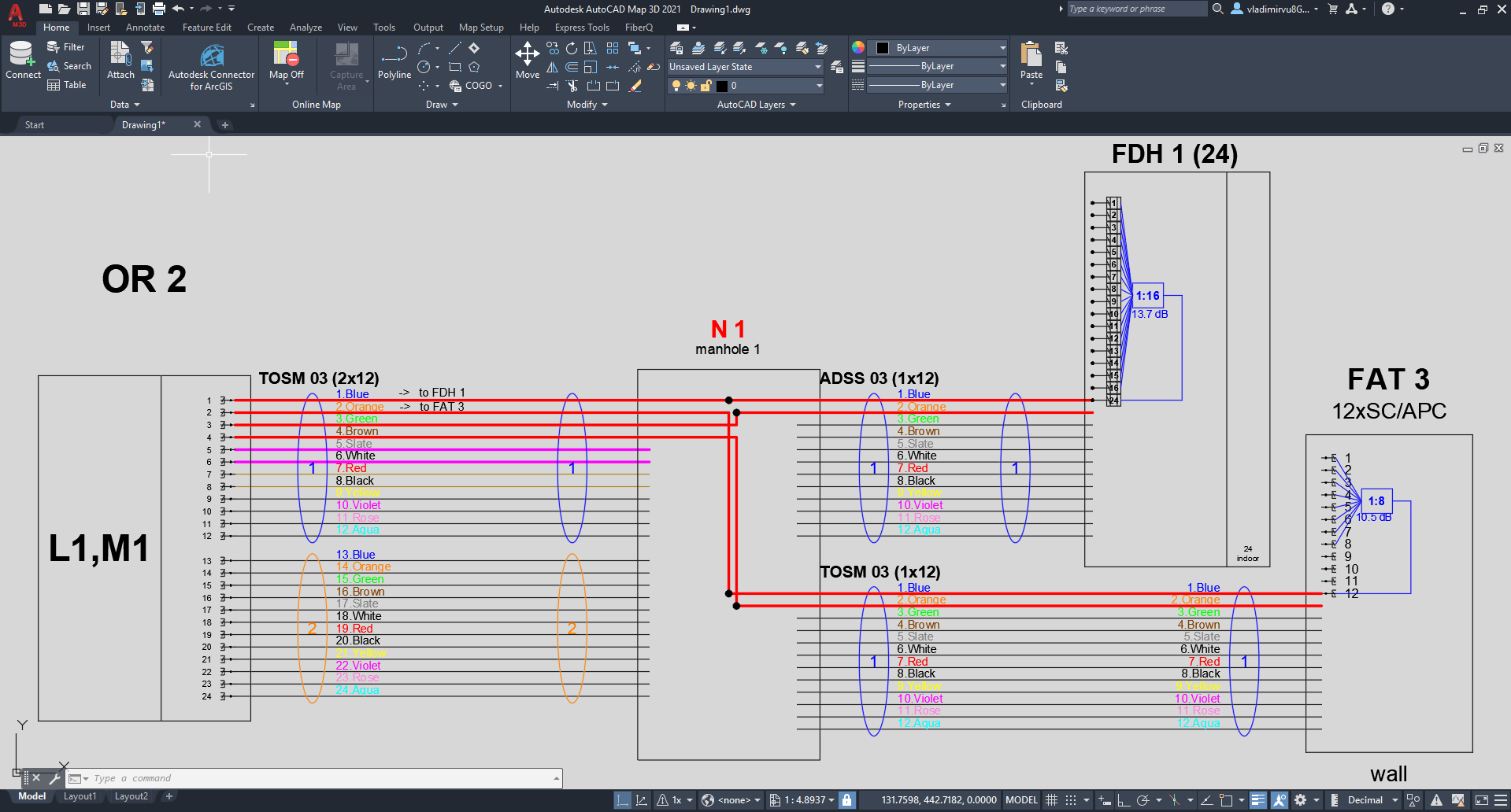 A finished FTTH schematic. OR 2 origin, TOSM 03 (2x12) and ADSS 03 (1x12) trunks through manhole N 1, into FDH