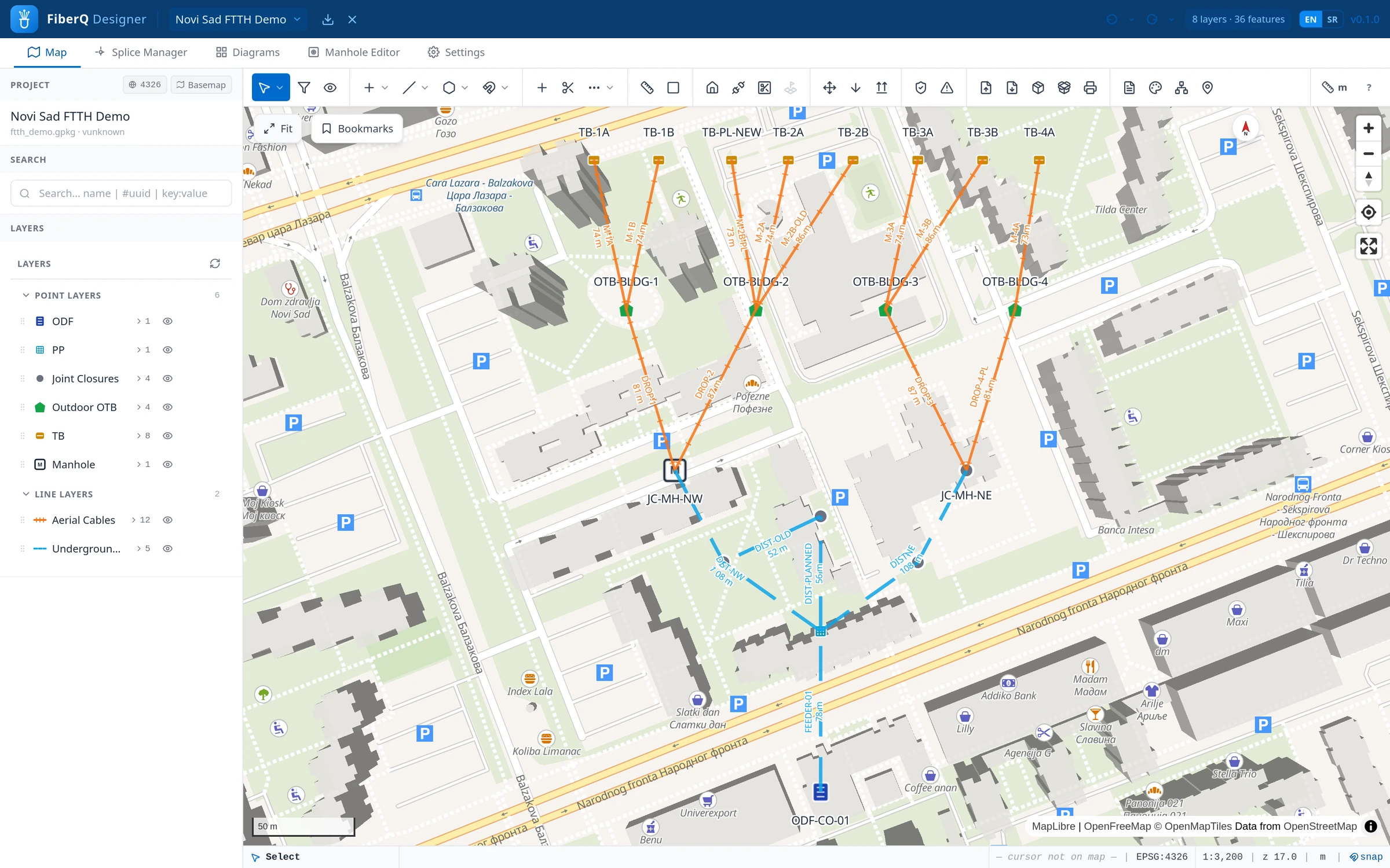 Map tab. An FTTH tree over Liman, Novi Sad: ODF-CO-01 feeds PP-DIST-01, which splits to two joint closures, four building OTBs and eight terminal boxes. Every span carries its cable name and length.