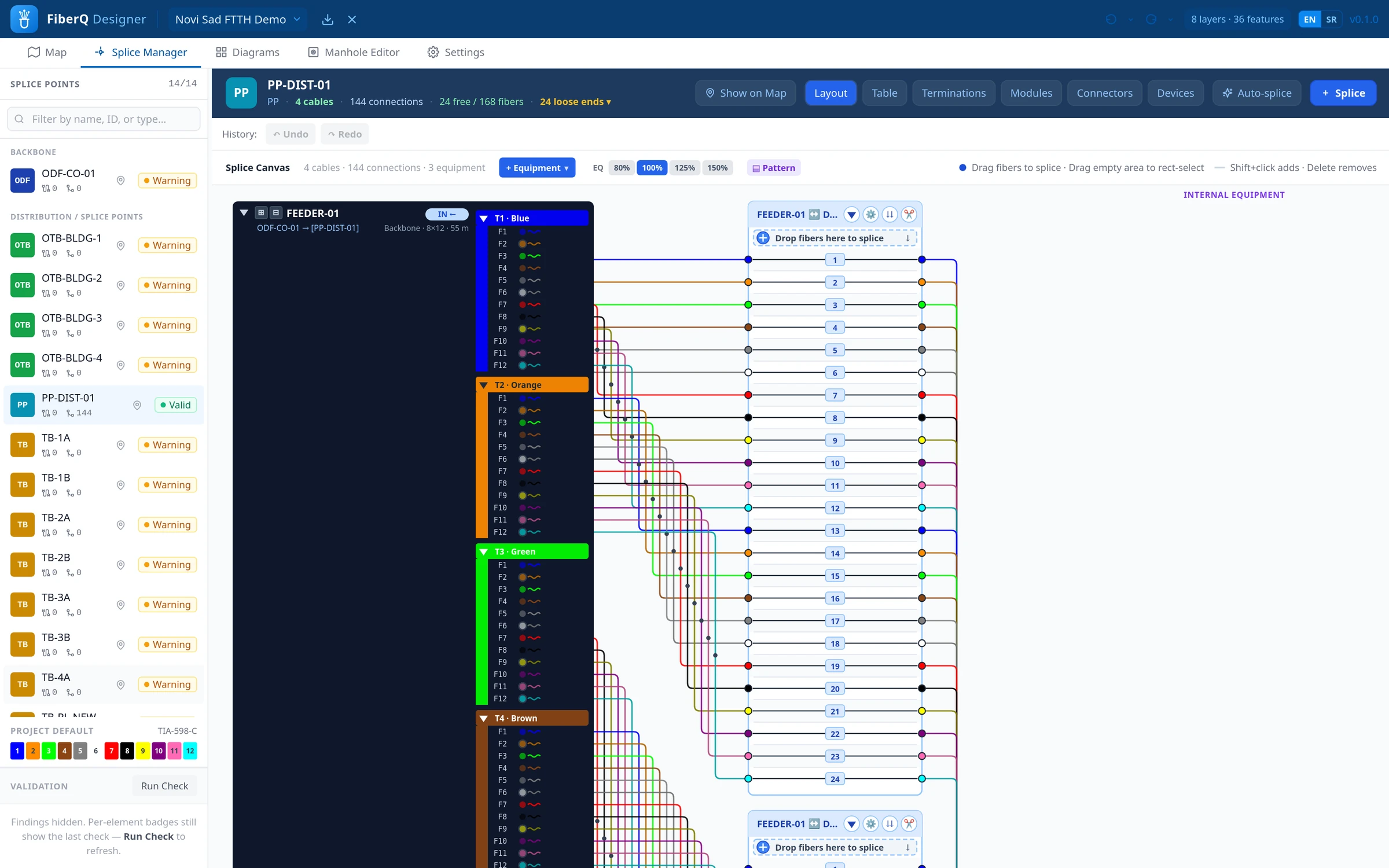 Splice Manager. PP-DIST-01 holds 4 cables and 144 fibre connections, 24 free of 168 fibres. Tubes T1 to T4 carry TIA-598-C colours and every fibre is drawn to its cassette port.